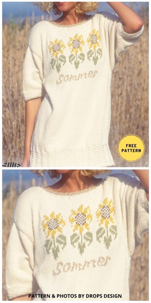 Short Sleeve Sweater with Sunflower Pattern - 5 Free Sunflower Wearable Knitting Patterns