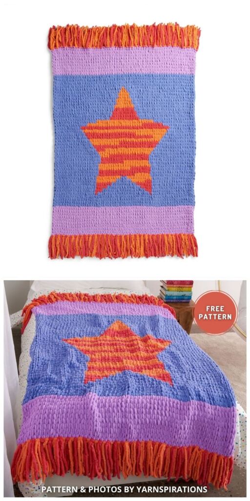 Bernat EZ Striping Star Blanket - 7 Free Knitted Star Themed Blanket Patterns For The Nursery
