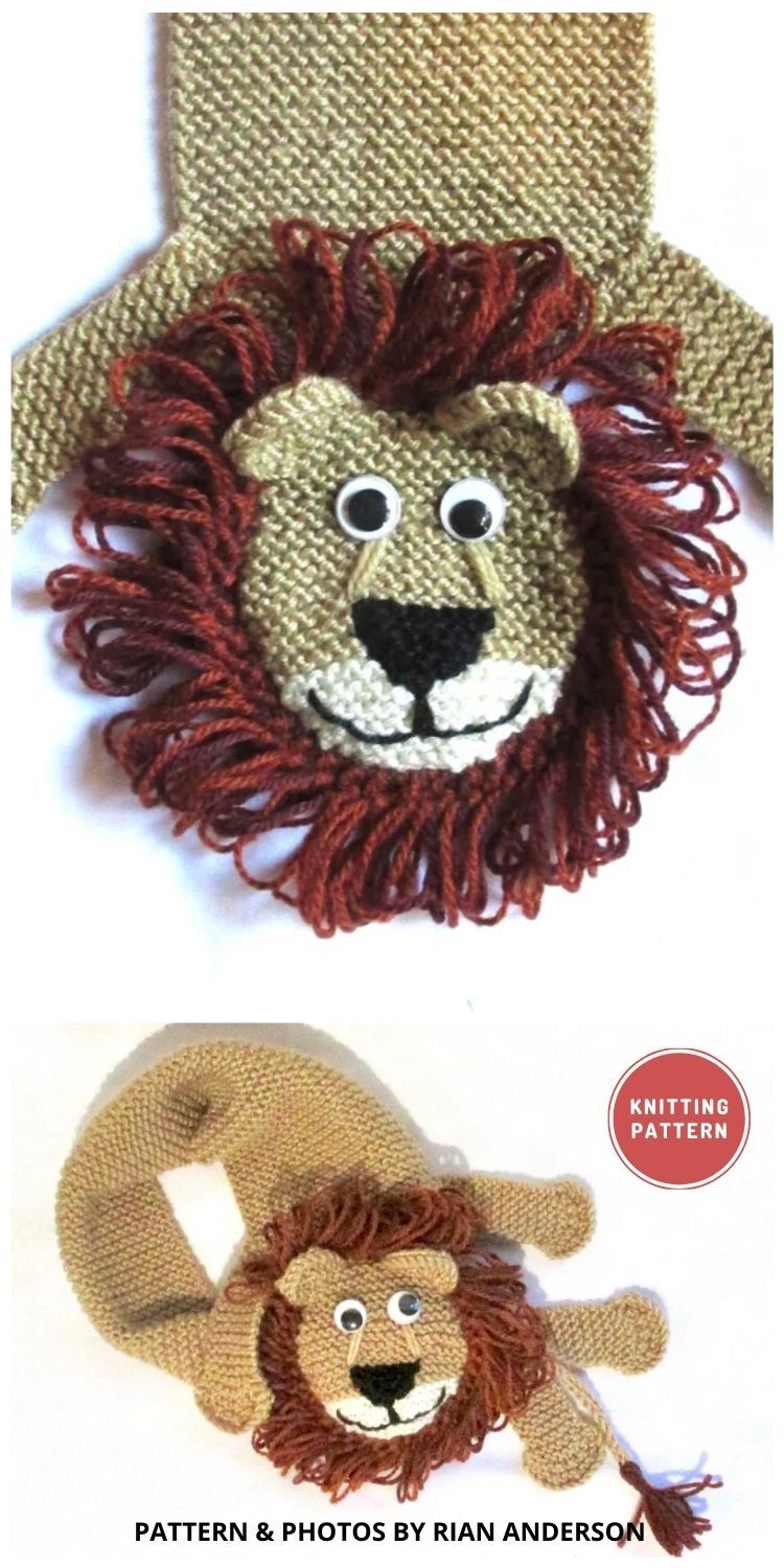 Lion Scarf - 8 Cute Knitted Animal Scarf Patterns