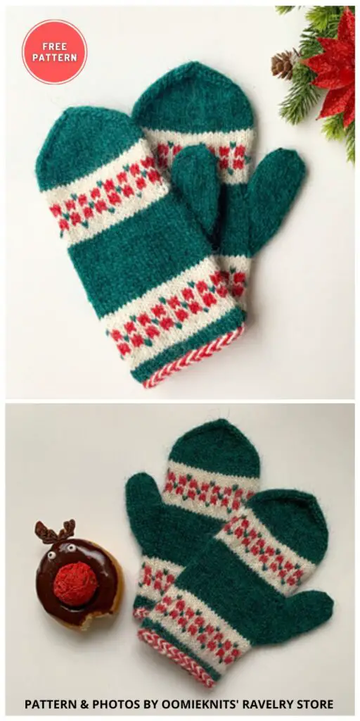 Poinsettia Mittens - 9 Free Knitted Christmas Mitten Patterns