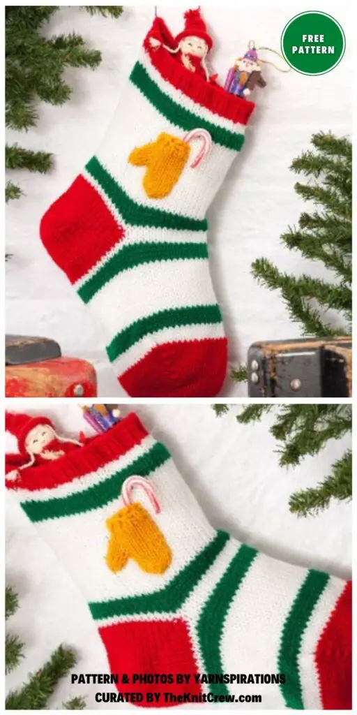 Red Heart Stocking with Mitten Pocket - 8 Free Knitted Christmas Stocking Patterns