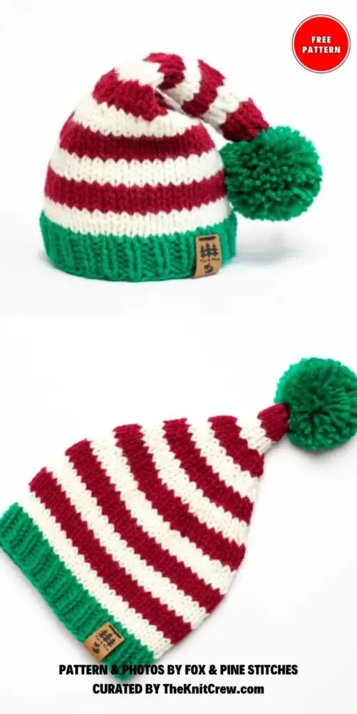 Knitted Christmas Elf Stocking Cap Hat - 7 Free Christmas Santa Hat Knitting Patterns - The Knit Crew