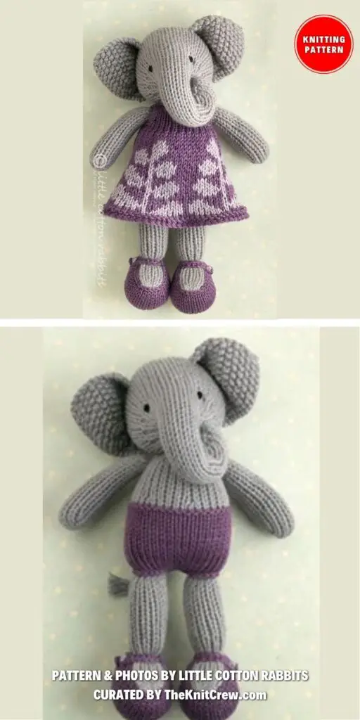 Knitted Elephant in a Frondy Frock - 8 Cute Knitted Elephant Toy Patterns