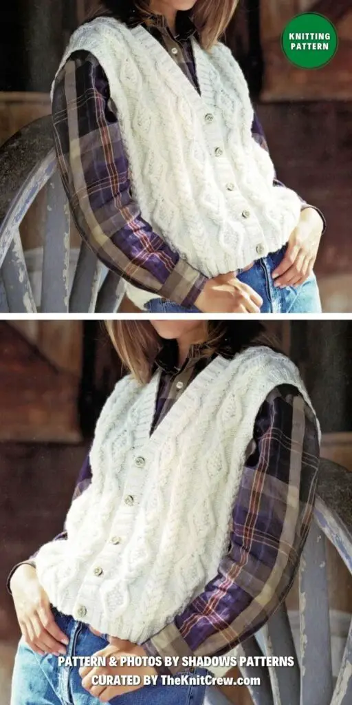 Ladies Easy Fitting Aran V-Neck Waistcoat - 13 Fashionable Knitted Waistcoat Patterns