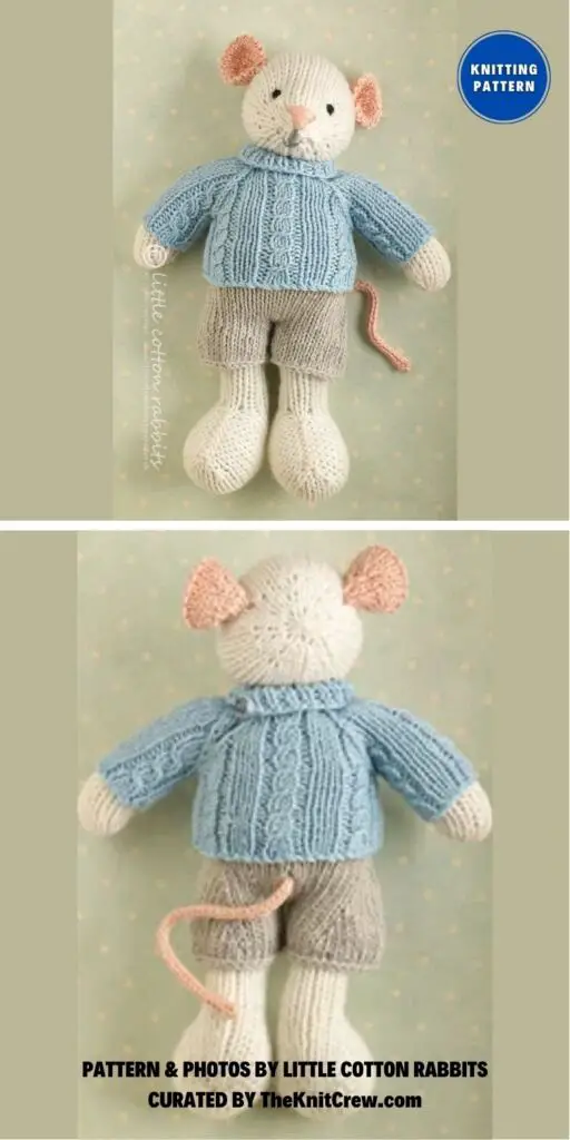 Mouse Toy With A Cabled Sweater And Shorts - 12 Adorable Rat Toy Knitting Patterns