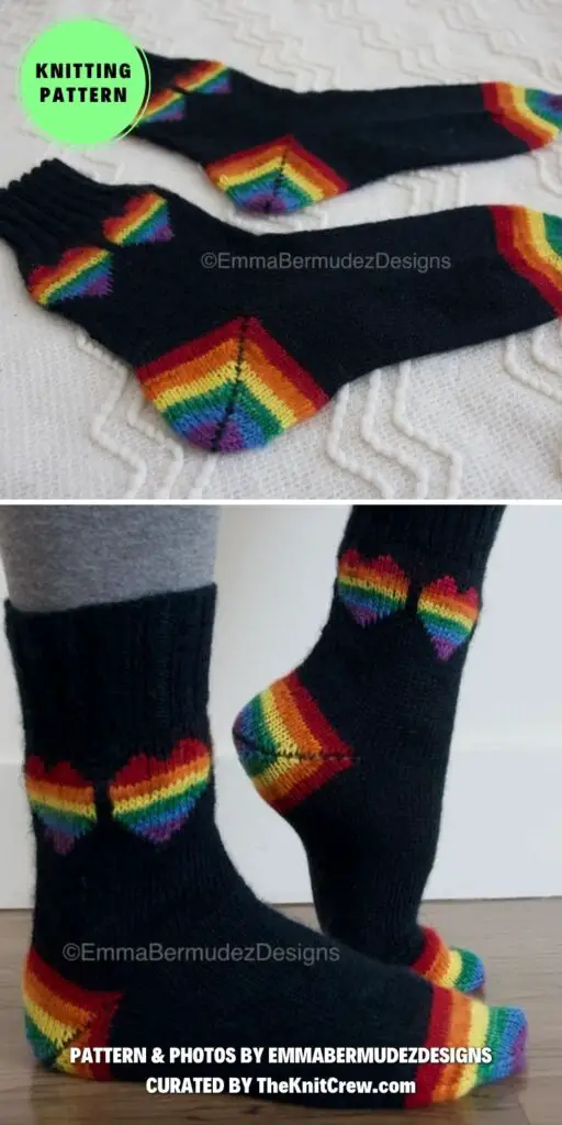13. Rainbow Heart Pride Socks - 15 Warm Knitted Rainbow Socks Patterns - The Knit Crew