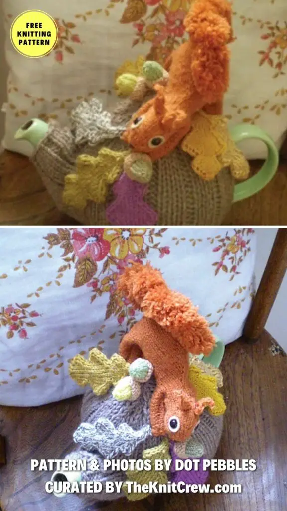 6. Autumn walk tea cozy - Get Cozy With These 12 Adorable Knitted Squirrels Patterns - The Knit Crew