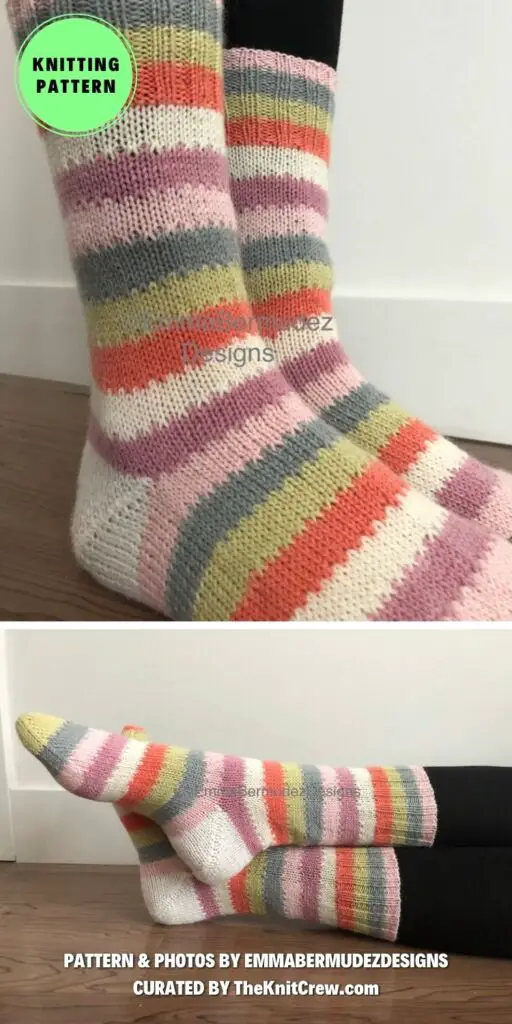 7. Puzzle Stripe Sock - 15 Warm Knitted Rainbow Socks Patterns - The Knit Crew