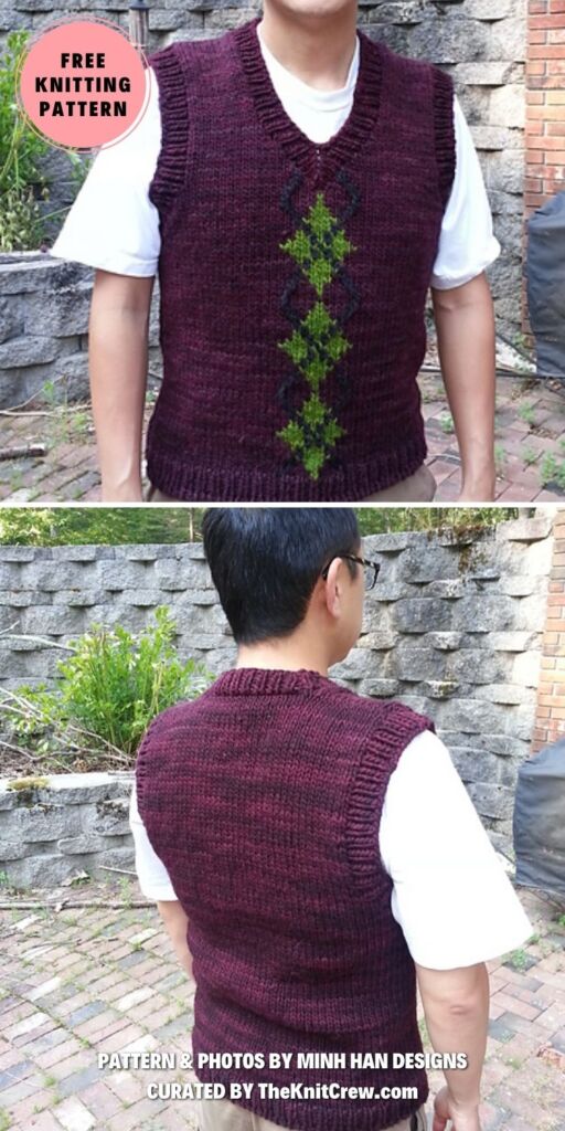 9. Plum Green Argyle Vest - 16 Classic Knitted Men's Vest Patterns - The Knit Crew