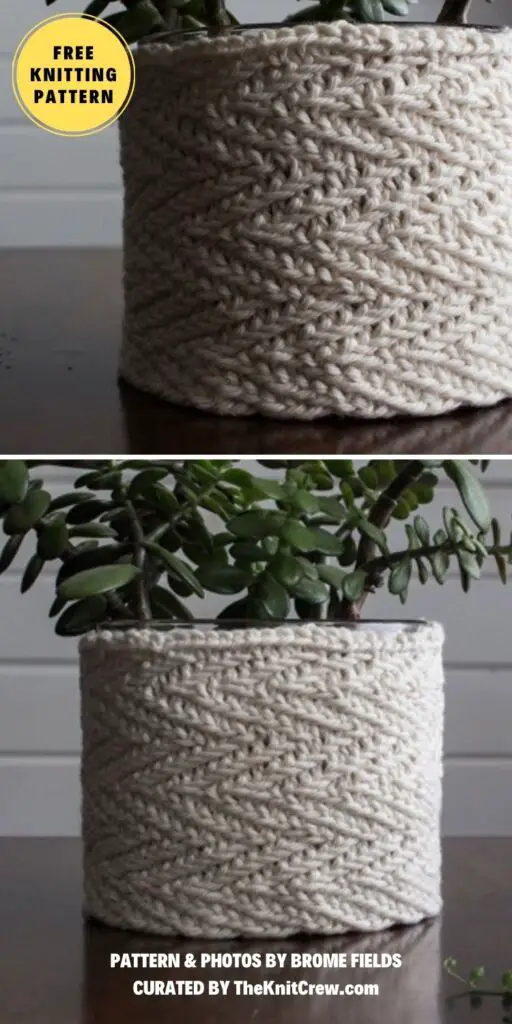 Herringbone Plant Pot Cozy - 10 Free Beautiful Knitted Plant Cozy Patterns - The Knit Crew