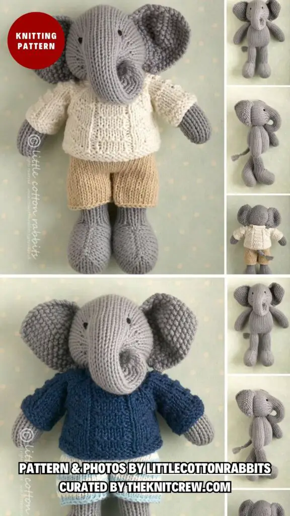 1. elephant in a textured sweater - 10 Fun Animal Doll Knitting Patterns For Your Little Ones - The Knit Crew