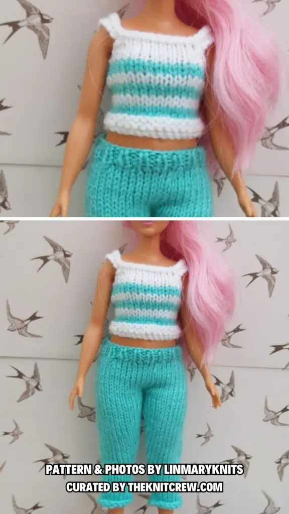 10. Curvy Barbie trousers, shorts and top - 13 Stylish Knitted Barbie Doll Clothes Patterns - The Knit Crew