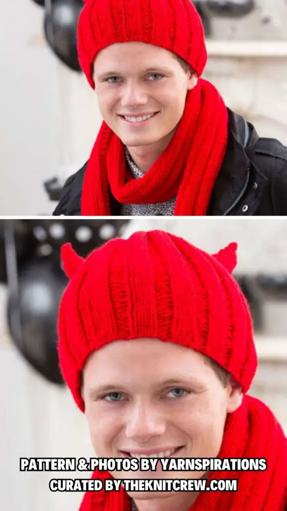 11. RED HEART DEVILISH HAT AND SCARF - Spooky And Stylish - 12 Free Halloween Hat Knitting Patterns - The Knit Crew