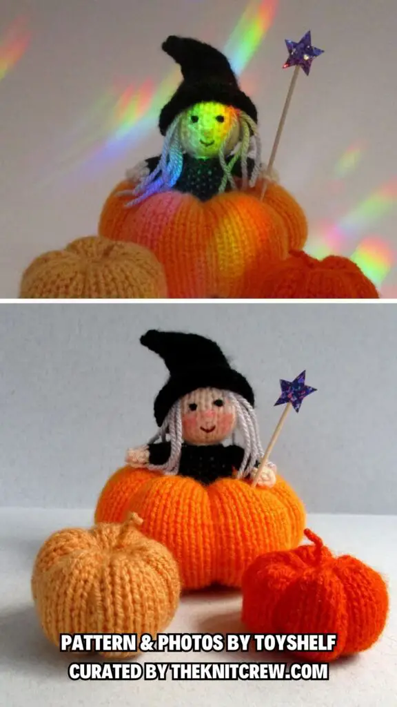4. Halloween Witch and Pumpkins - 10 Enchanting Witches Knitting Patterns To Make For Halloween - The Knit Crew