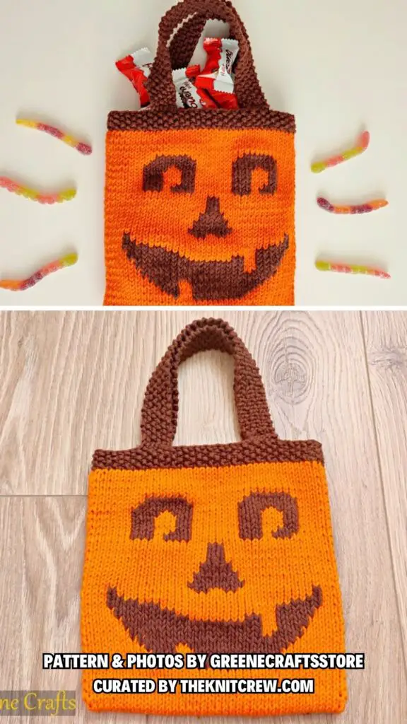 4. Knitted Jack-o-lantern Halloween Candy Bag - 12 Spooky Jack-o-Lanterns Knitting Patterns For Halloween - The Knit Crew