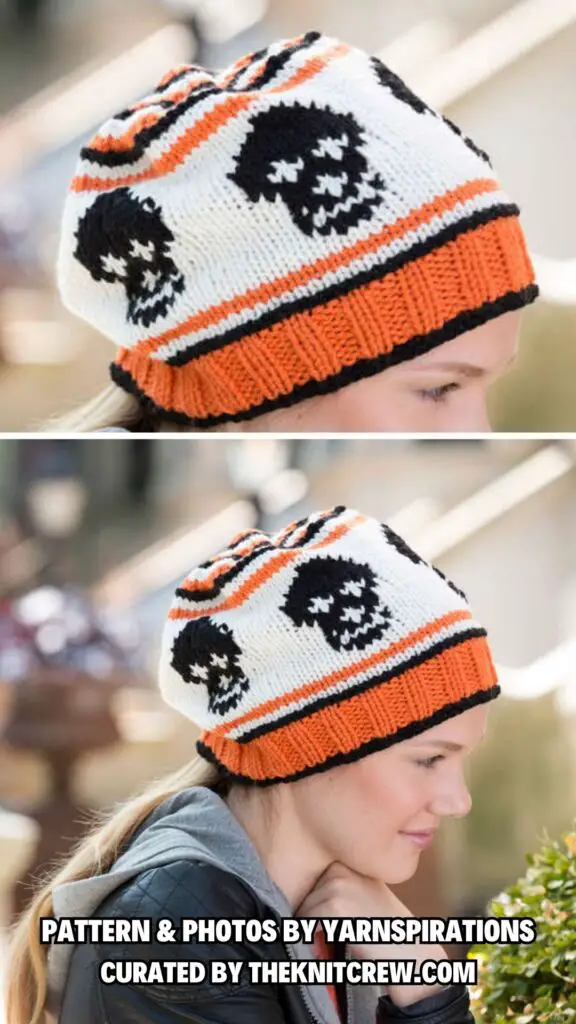 5. RED HEART FAIR ISLE SKULL CAP - Spooky And Stylish - 12 Free Halloween Hat Knitting Patterns - The Knit Crew