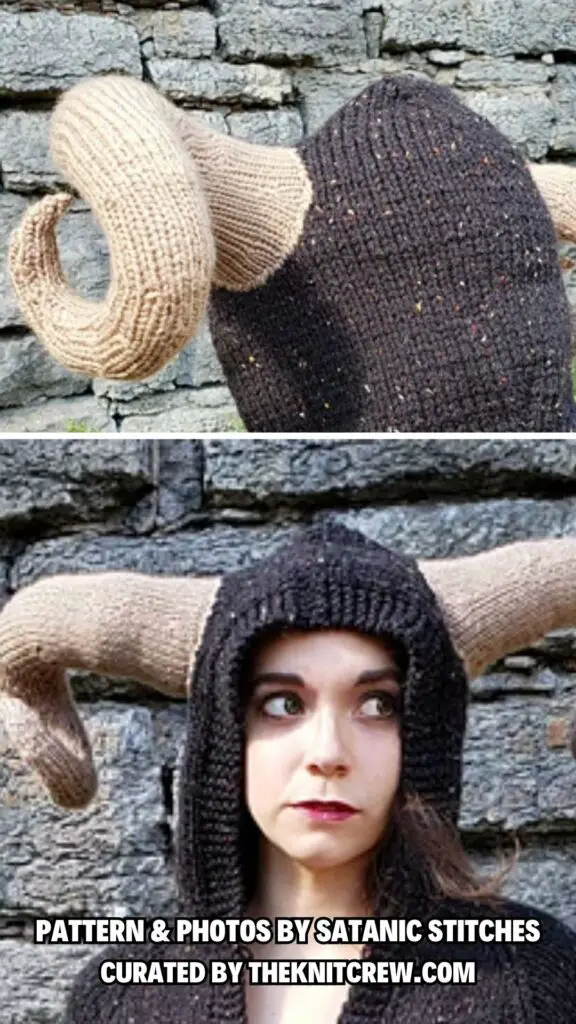 6. Big Horned Lord Baphomet Horns - Spooky And Stylish - 12 Free Halloween Hat Knitting Patterns - The Knit Crew