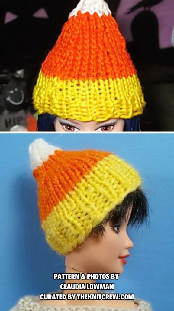 8. Candy Corn Hat for Barbie - 13 Free Knitting Candy Corn Patterns For The Autumn Season - The Knit Crew