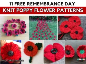 FB POSTER - 11 Free Remembrance Day Knit Poppy Flower Patterns - The Knit Crew