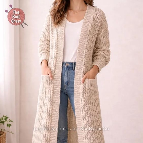 Ladies Long Hooded Crochet Jacket - Curated By The Knit Crew