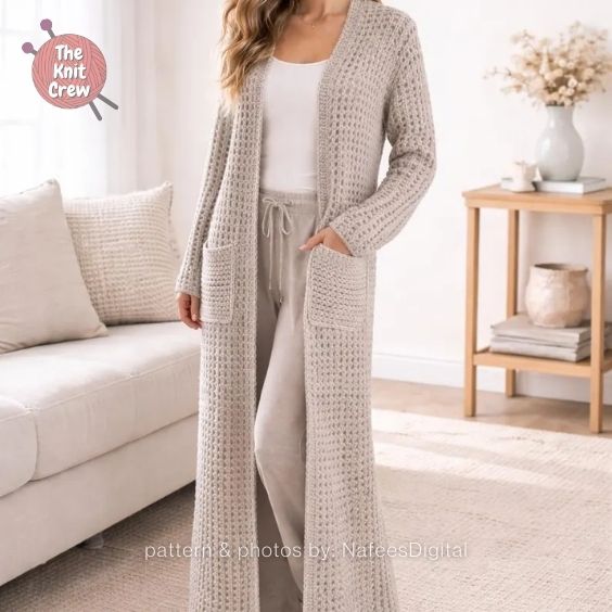 Waffle Stitch Long Cardigan - Curated By The Knit Crew