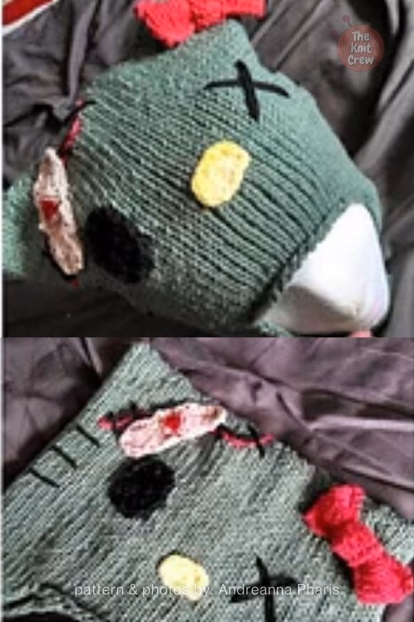 A unique, "zombie-style" Hello Kitty knitted hat in a muted sage green, showcased in a design roundup from The Knit Crew. The hat features a pink bow, a yellow nose, and one "X" for an eye, while the other side shows a stylized black eye socket and pink "wound" details. The image includes both a side view and a top-down view of the creative character design.