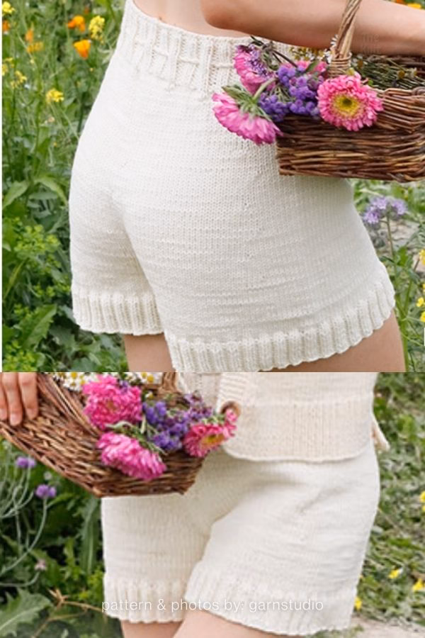 A close-up view of the front and back of cream-colored knitted adult shorts with a high waistband and ribbed edges. Curated by Ariana of TheKnitCrew.