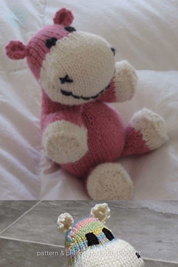 A split image showing two knitted hippo toys. The top half features a pink hippo with a white snout and paws sitting on a white, soft surface. The bottom half shows a close-up of a hippo's head featuring a pastel rainbow striped pattern and white ears on a grey tiled floor. Text at the bottom reads "pattern & photos by: Bobbi Padgett". This is part of a crochet roundup from https://www.theknitcrew.com/.