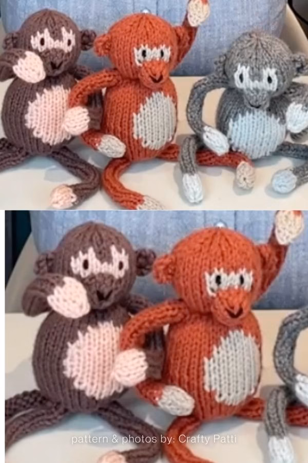 Three small knitted monkey plushies in dark brown, reddish-orange, and grey sitting side-by-side with light-colored circular bellies. Curated by Ariana of TheKnitCrew.
