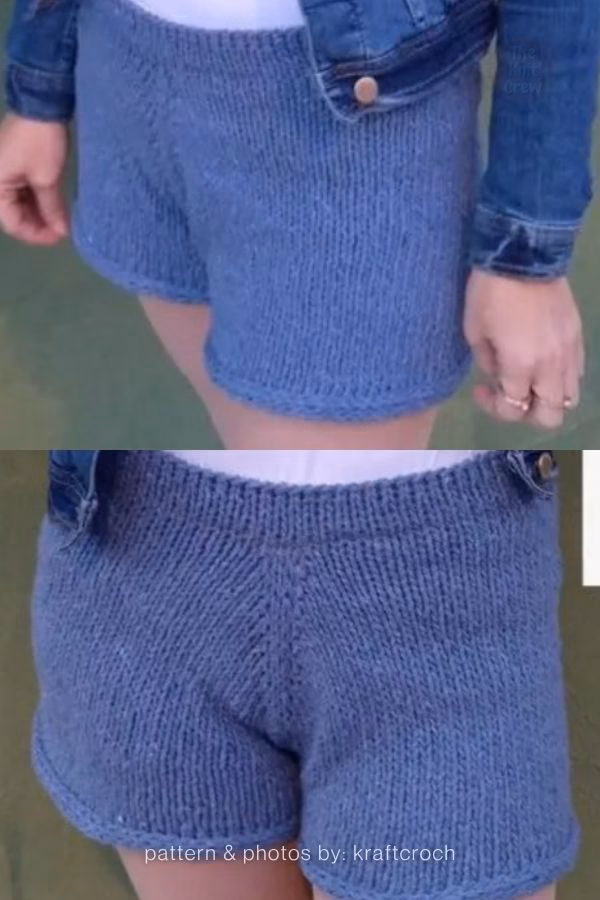 A close-up view showing the front and side profile of simple blue heathered knitted adult shorts paired with a denim jacket. Curated by Ariana of TheKnitCrew.