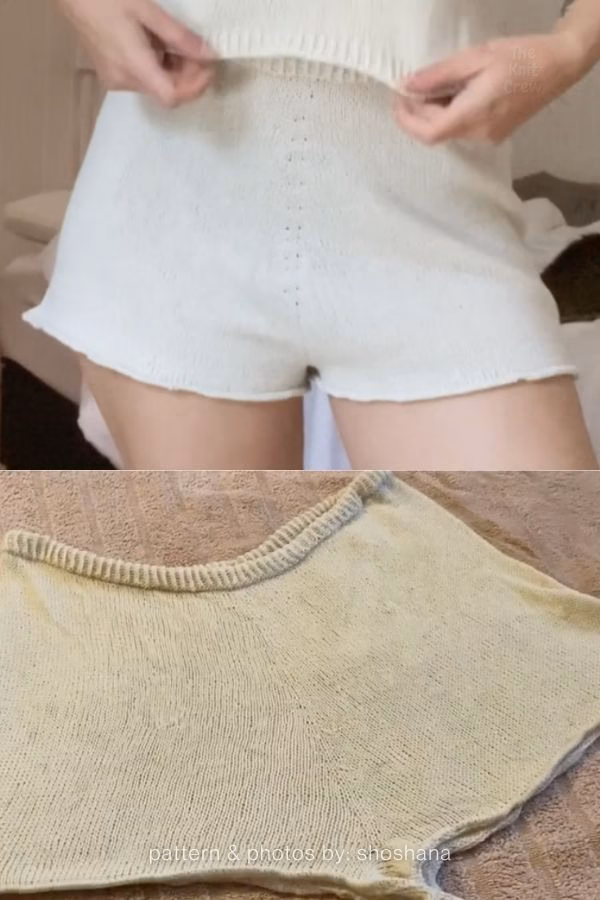 A close-up view showing both a person wearing and a flat lay of loose-fitting, lightweight off-white knitted adult shorts with a rolled hem. Curated by Ariana of TheKnitCrew.