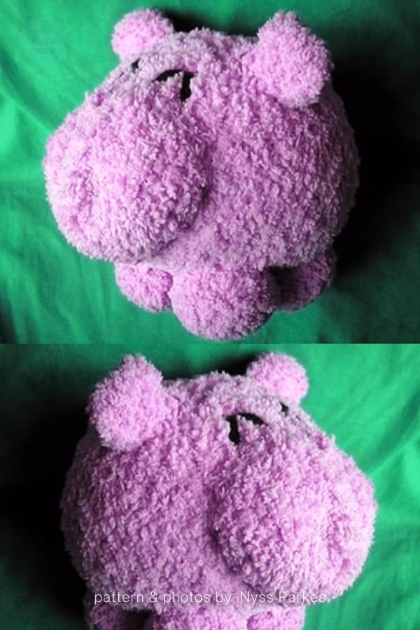A split image showing a bright purple knitted hippo toy made from fluffy, textured yarn, resting against a bright green fabric background. The top shows a full-body angle, while the bottom focuses on the head. Text at the bottom reads "pattern & photos by: Nyss Parkes". This is part of a knitting roundup from The Yarn Crew.