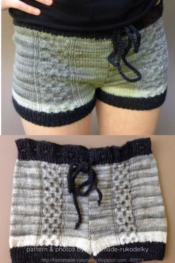 A close-up view showing both a person wearing and a flat lay of grey and green striped knitted adult shorts featuring textured cable-knit patterns and thick black ribbed trim at the waist and cuffs. Curated by Ariana of TheKnitCrew.
