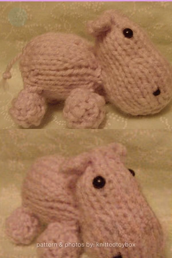 A split image showing two angles of a pale lavender knitted hippo toy with short legs, a small tail, and black bead eyes, resting on a light-colored surface. Text at the bottom reads "pattern & photos by: knittedtoybox". This is part of a knitting roundup from The Yarn Crew.