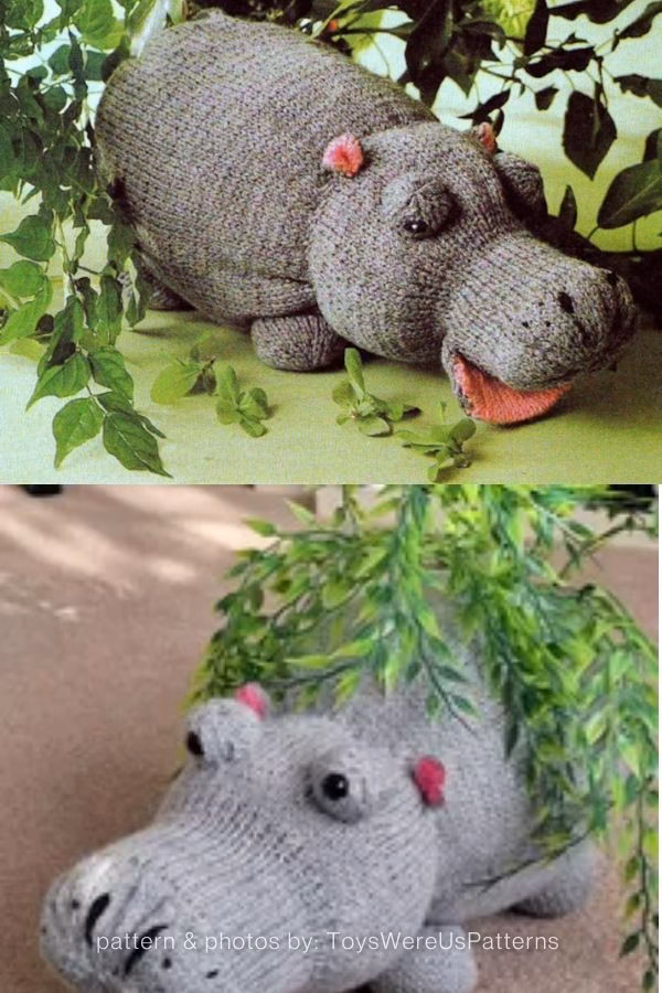 A split image showing a large, realistic-looking grey knitted hippo toy. The top half shows the hippo lying down with its mouth open (showing pink inside) amidst green artificial leaves. The bottom half shows the hippo from a front-facing angle, partially hidden behind leaves. Text at the bottom reads "pattern & photos by: ToysWereUsPatterns". This is part of a knitting roundup from The Yarn Crew.
