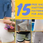 A collage of various knitted adult shorts in different colors and patterns, alongside text reading "15 Free Shorts Knitting Patterns For Adults." Curated by Ariana of TheKnitCrew.