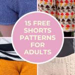 A collage of various knitted adult shorts in different colors and patterns, alongside text reading "15 Free Shorts Patterns For Adults." Curated by Ariana of TheKnitCrew.