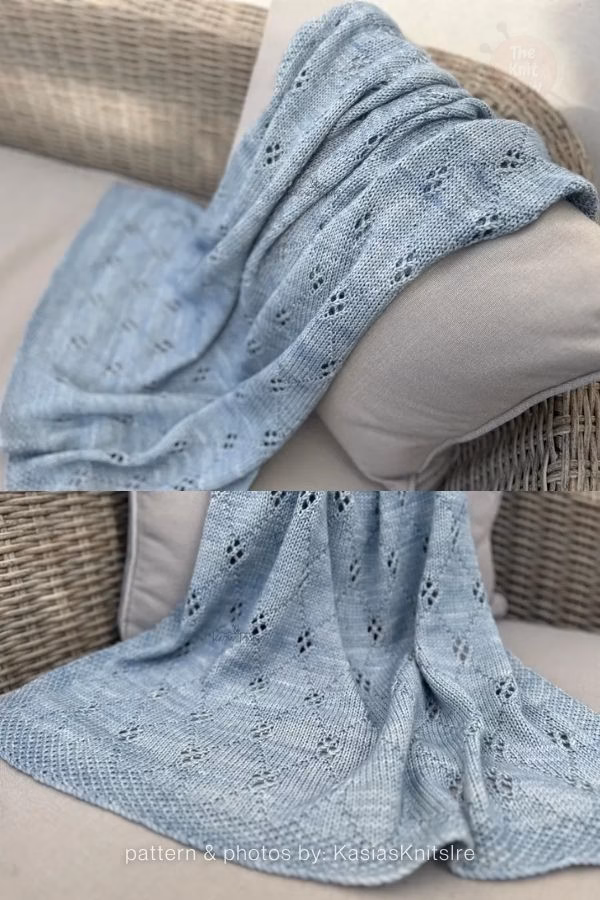 A two-panel image showing a light blue heathered knitted blanket with diamond-shaped lace eyelets draped over an outdoor wicker chair. Text at the bottom reads: "pattern & photos by: KasiasKnitsIre". Curated by Ariana of TheKnitCrew.