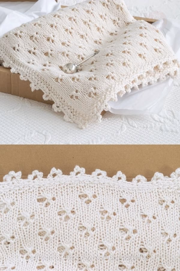 A two-panel close-up view of a cream-colored knitted blanket featuring eyelet motifs and a delicate picot or looped border, resting on a cardboard box. Text at the bottom reads: "pattern & photos by: NourishandNestle". Curated by Ariana of TheKnitCrew.